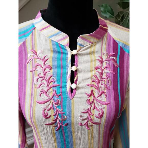 Reba Blouse Top Women S Multicolor Striped Cotton Embroidered Boho Festival - Picture 2 of 11